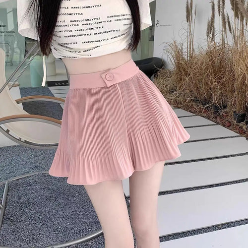 Load image into Gallery viewer, Women Sweet Black White Vacation Zipper Pleated Short Pant Summer Pink High Waist Wide Leg A-line Mini Shorts Casual Simplicity
