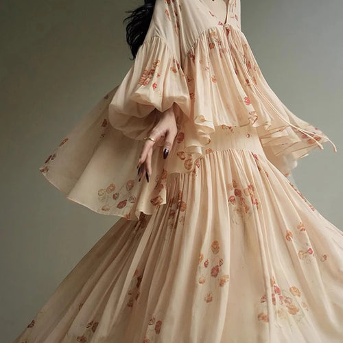 Load image into Gallery viewer, Elegant Two Piece Set For Women V Neck Long Sleeve Spliced Lace Up Top High Waist Dress Loose Sts Female Clothes
