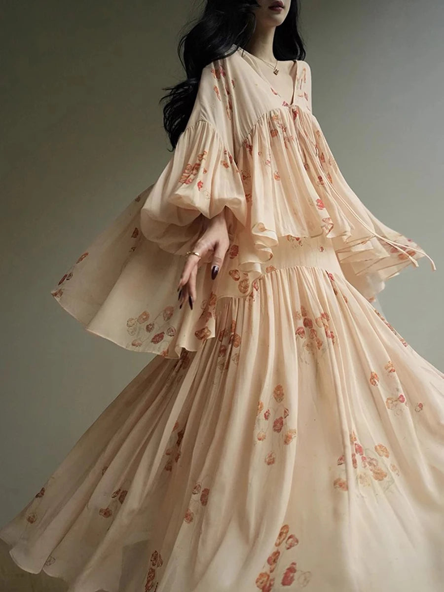 Elegant Two Piece Set For Women V Neck Long Sleeve Spliced Lace Up Top High Waist Dress Loose Sts Female Clothes