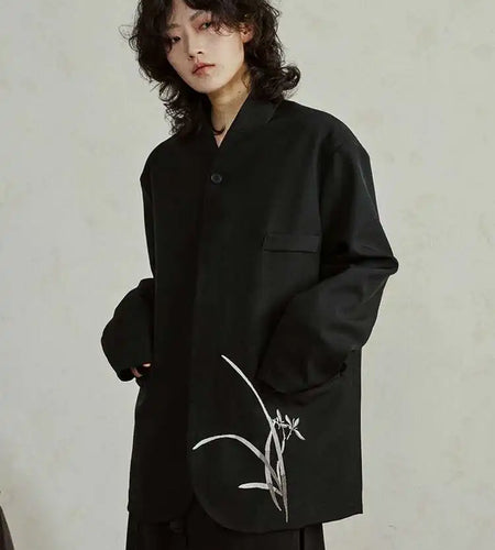 Women Black Embroidery Vintage Big Size Blazer New Stand Collar Long Sleeve Jacket Fashion Tide Spring Autumn 2025 1DH4322
