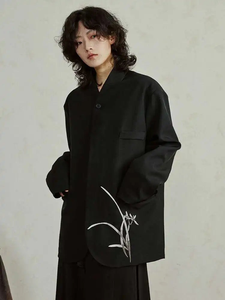 Women Black Embroidery Vintage Big Size Blazer New Stand Collar Long Sleeve Jacket Fashion Tide Spring Autumn 2025 1DH4322
