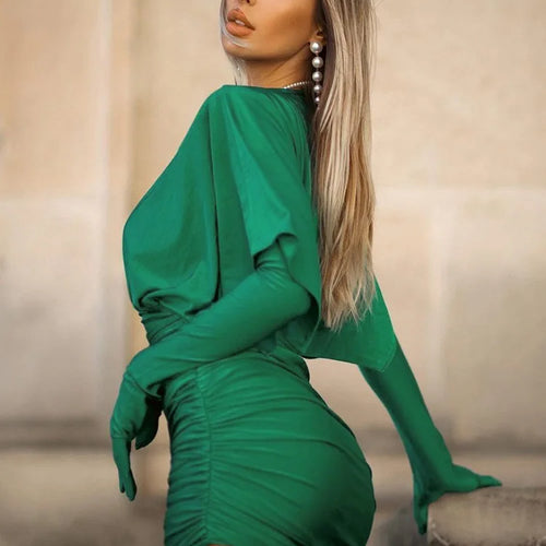 Load image into Gallery viewer, Deep V Neck Long Sleeve Mini Dress Women Autumn Winter New Ruched Evening Dress Female Fashion Sexy Dress Elegant
