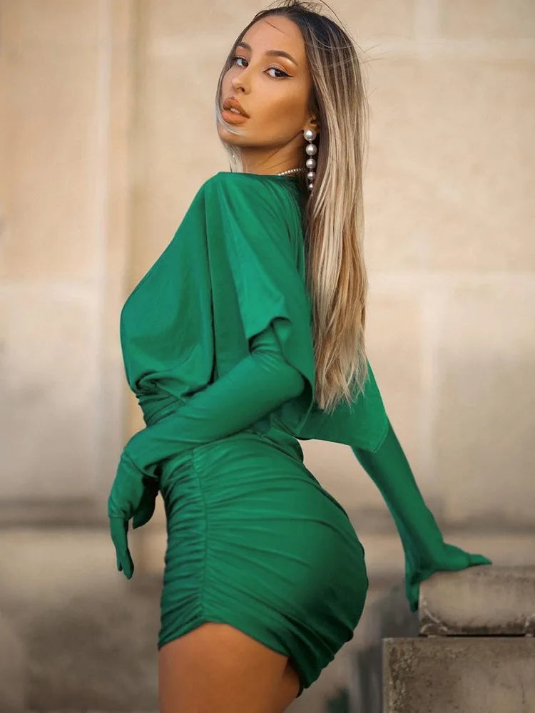 Deep V Neck Long Sleeve Mini Dress Women Autumn Winter New Ruched Evening Dress Female Fashion Sexy Dress Elegant