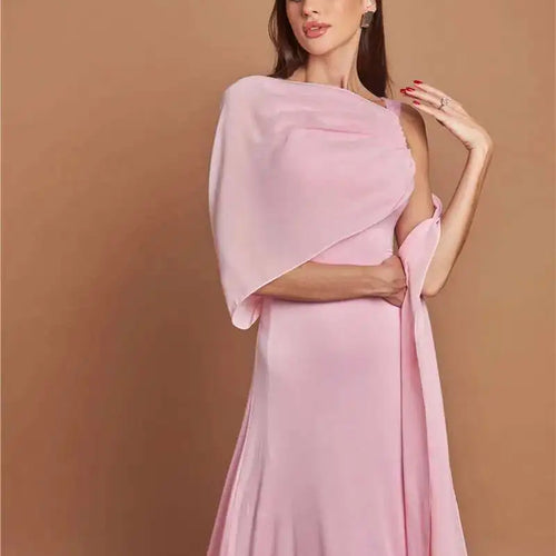 Load image into Gallery viewer, Pink Cape Sleeve Sexy Maxi Dress For Women Off-shoulder Backless Gown Elegant Skew Collar Lace-up Long Dress Vestido
