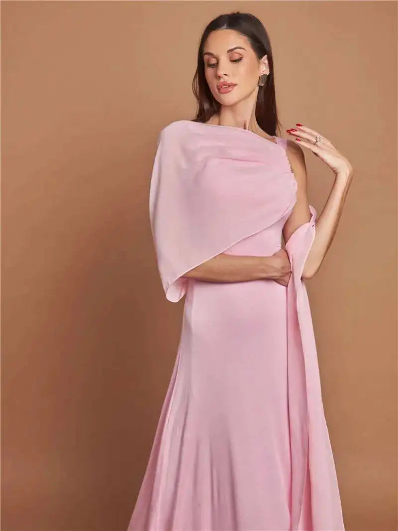 Pink Cape Sleeve Sexy Maxi Dress For Women Off-shoulder Backless Gown Elegant Skew Collar Lace-up Long Dress Vestido