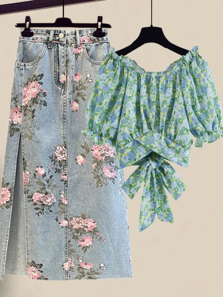 Women Summer Sweet Pink Print Skirts Two Pieces Set Korean Puff Sleeve Bandage Floral Top And Side Split Retro Denim Skirts Sets