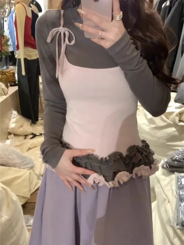 Korean Woman T Shirts Fake Two Chic Tees Long Sleeve O-neck Ruffles Sweet Camisetas Bandage Casual Y2k T-shirts 2025 Ropa Mujer