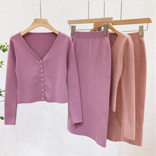 Load image into Gallery viewer, Women Knitted Two Piece Sets Sexy Long Sleeve Sweater Cardigan And High Waist Pencil Skirt Suits  C-115
