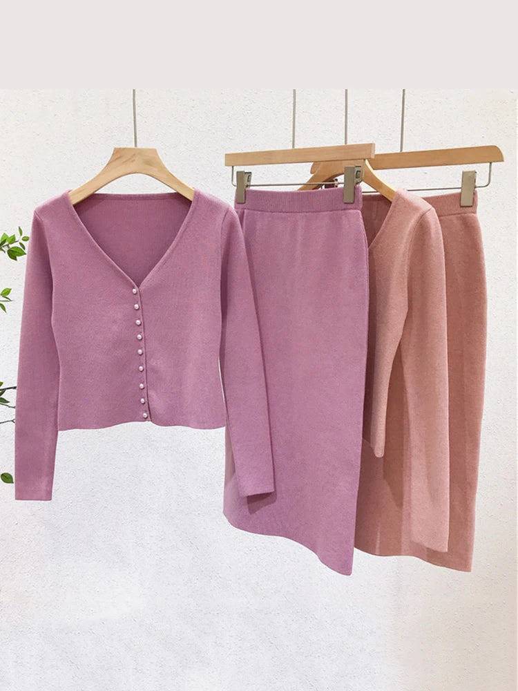 Women Knitted Two Piece Sets Sexy Long Sleeve Sweater Cardigan And High Waist Pencil Skirt Suits  C-115