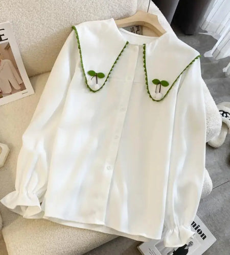 2024 Autumn Winter Women Beige Patchwork Shirt White Long Sleeve Cute Doll Collar Blouse Female Versatile Preppy Style Tops Chic