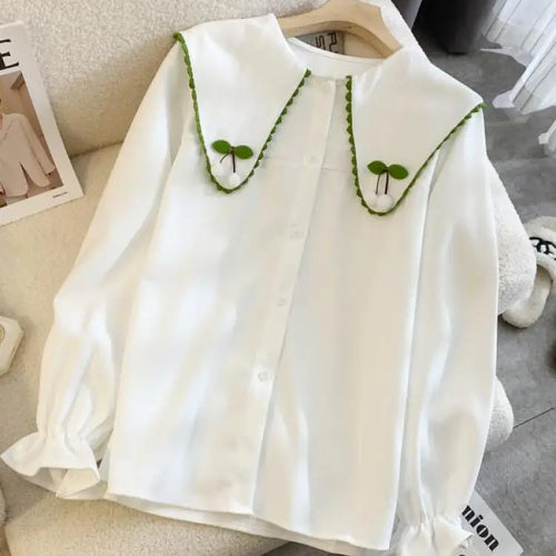 Load image into Gallery viewer, 2024 Autumn Winter Women Beige Patchwork Shirt White Long Sleeve Cute Doll Collar Blouse Female Versatile Preppy Style Tops Chic
