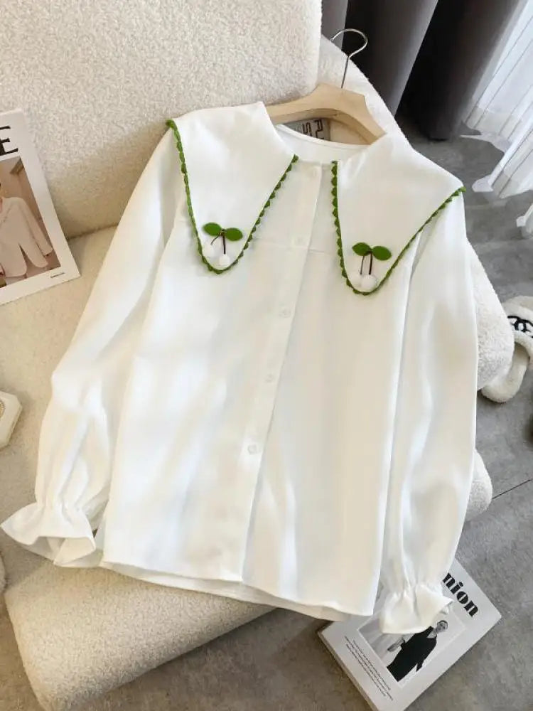2024 Autumn Winter Women Beige Patchwork Shirt White Long Sleeve Cute Doll Collar Blouse Female Versatile Preppy Style Tops Chic