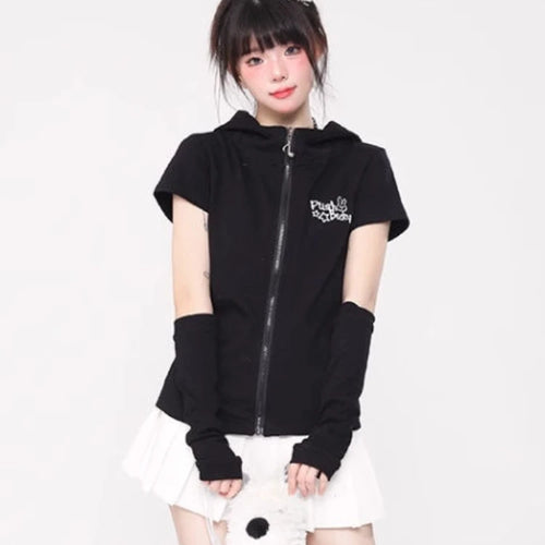 Load image into Gallery viewer, Kawaii Rabbit Black Printing T-shirts Y2k Aesthetic Slim Streetwear Zipper Tees Short Sleeve Fairy Harajuku Hoody Tops Women
