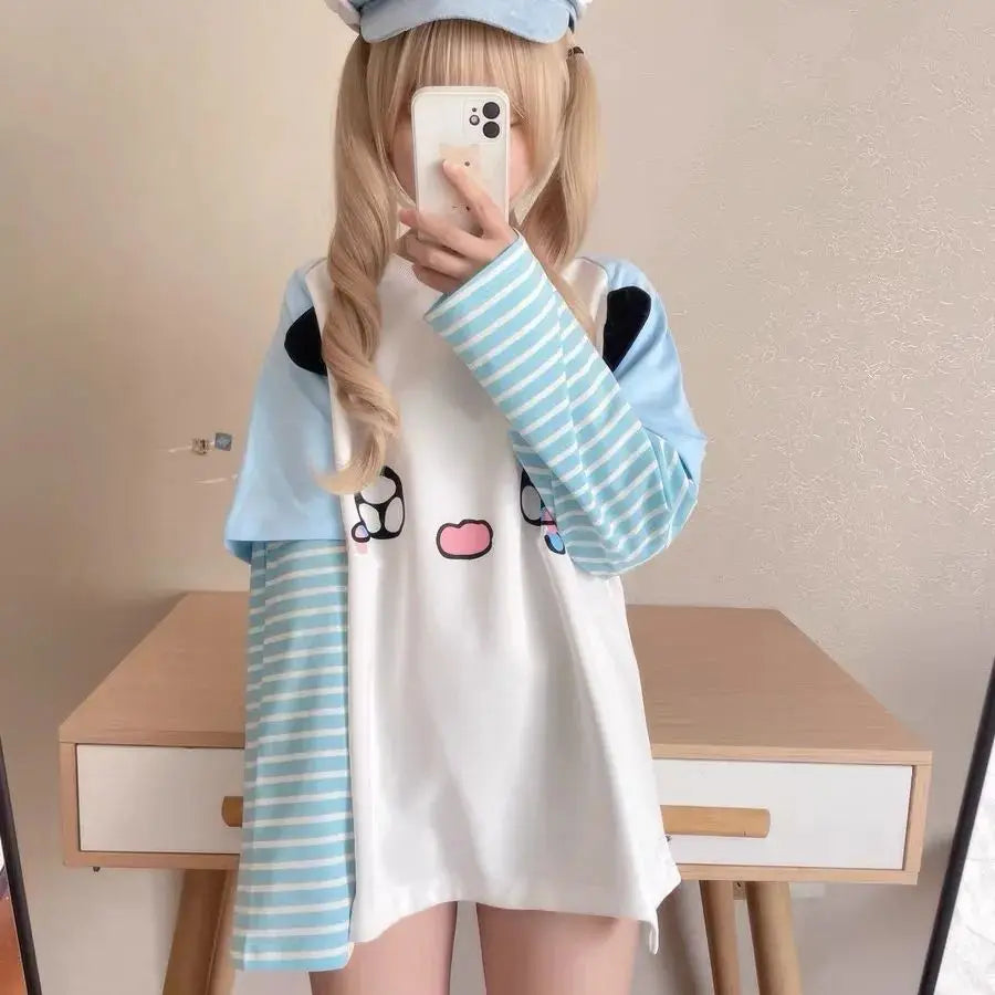 Ropa Mujer T Shirts for Women Fake Two Tees Y2k Tops Japanese Camisetas O-neck Long Sleeve Contrast Color Striped Tshirts