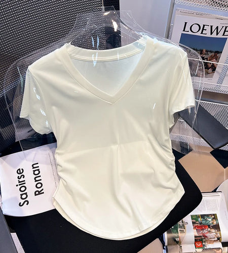 Summer Fashion 2025 New Solid V Neck Chic Pleated T Shirt Women Casual Slim Short Sleeves Tops Fashion Trend Clothing Simplicity