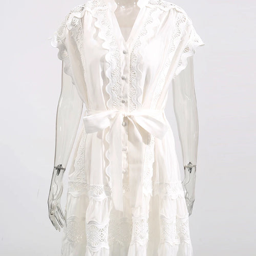 Load image into Gallery viewer, Hollow Out Spliced Single Breasted Dresses for Women V Neck Sleeveless Patchwork Lace Up Dress Female Clothing New
