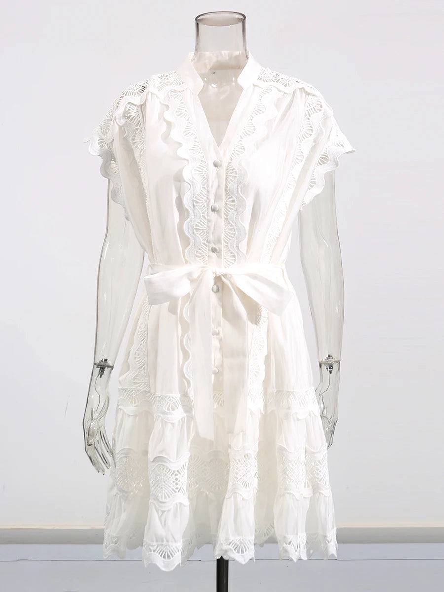 Hollow Out Spliced Single Breasted Dresses for Women V Neck Sleeveless Patchwork Lace Up Dress Female Clothing New