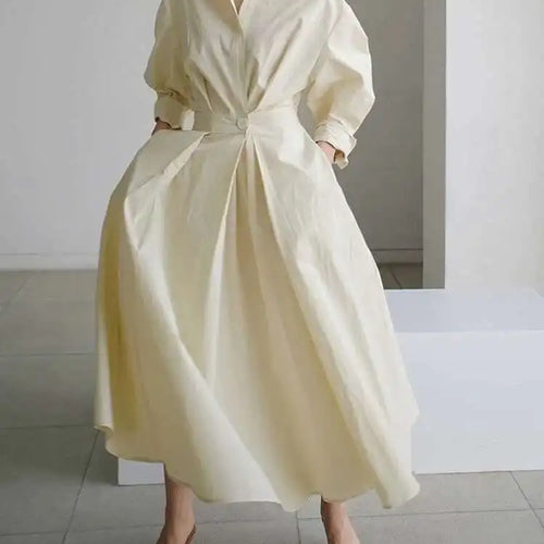 Load image into Gallery viewer, Women Beige Pleated Long Big Size Elegant Dress New Lapel Long Sleeve Loose Fit Fashion Tide Spring Autumn 2025 1DE91400
