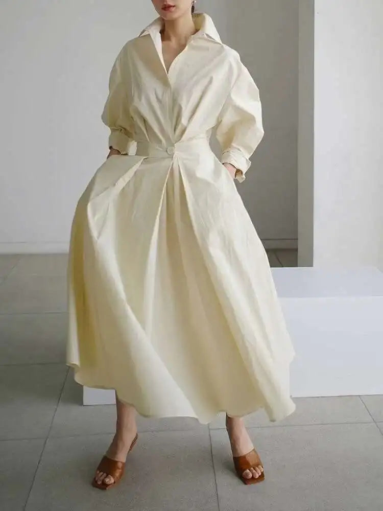 Women Beige Pleated Long Big Size Elegant Dress New Lapel Long Sleeve Loose Fit Fashion Tide Spring Autumn 2025 1DE91400