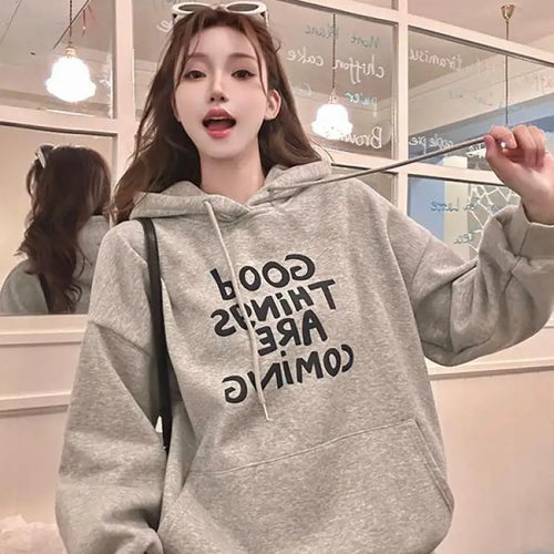 Load image into Gallery viewer, Autumn Winter 2025 Pink Green Letter Printed Elegant Pullover Fashion Short Hooded Sweatshirt Women Grey Long Sleeve Tops Trendy
