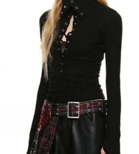 Y2k Aesthetic Vintage Solid Single Breasted Tops 2025 Streetwear Half High Collar Tshirts Women Grunge Harajuku Bodycon Tees