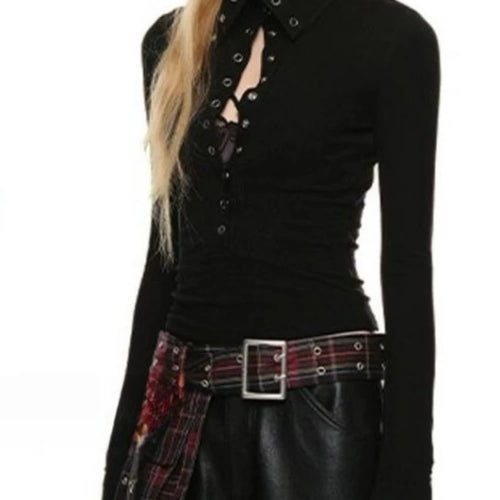 Load image into Gallery viewer, Y2k Aesthetic Vintage Solid Single Breasted Tops 2025 Streetwear Half High Collar Tshirts Women Grunge Harajuku Bodycon Tees
