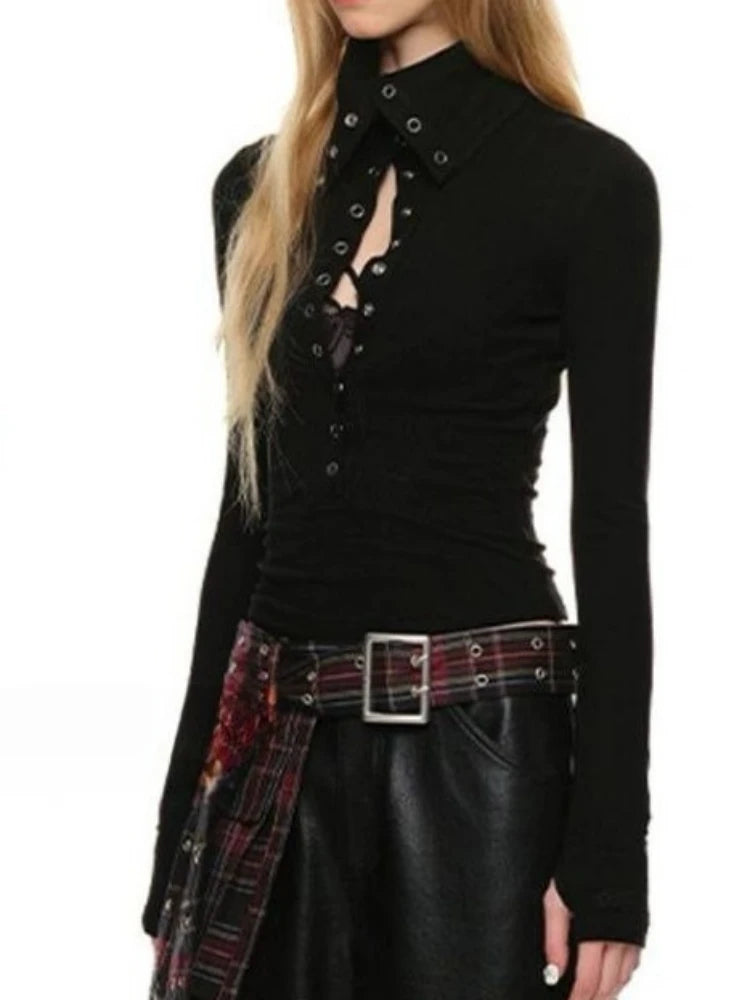 Y2k Aesthetic Vintage Solid Single Breasted Tops 2025 Streetwear Half High Collar Tshirts Women Grunge Harajuku Bodycon Tees