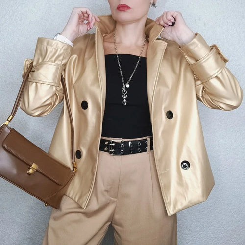 Load image into Gallery viewer, Autumn Winter Gold Faux Leather Jackets Women 2024 New Outwear Long Sleeves PU Leather Short Coats Outwear for Female
