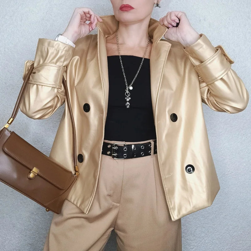 Autumn Winter Gold Faux Leather Jackets Women 2024 New Outwear Long Sleeves PU Leather Short Coats Outwear for Female