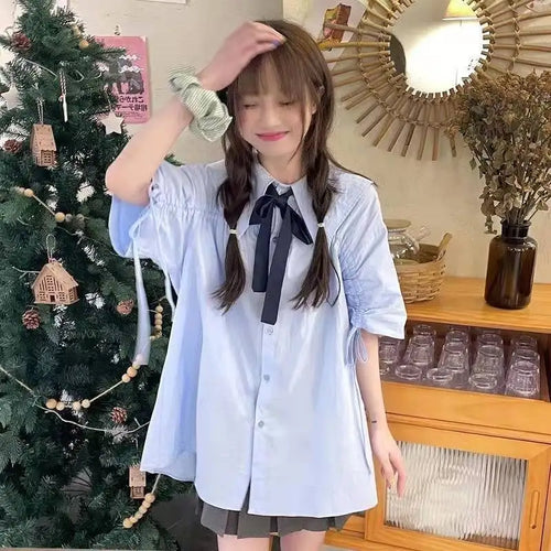 Load image into Gallery viewer, New Kawaii Turn-down Collar Blue Shirt Women Preppy Fashion Short Sleeve Oversize Blouse Female Clothing Streetwear Bow Cardigan
