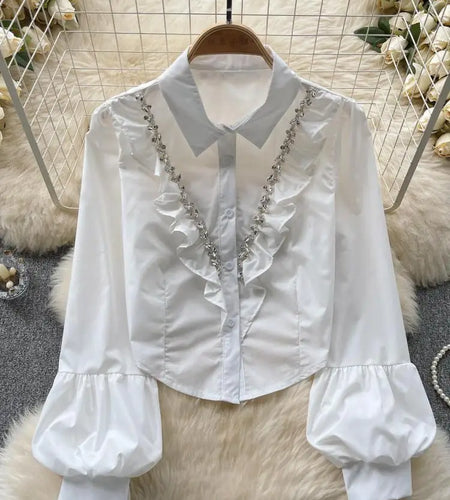 French Vintage Solid Elegant Long Sleeve Ruffle Tops Autumn Female Turn-down Collar Shirt Women Button Versatile Pleated Blouse