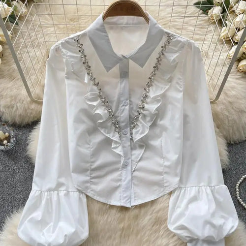 Load image into Gallery viewer, French Vintage Solid Elegant Long Sleeve Ruffle Tops Autumn Female Turn-down Collar Shirt Women Button Versatile Pleated Blouse
