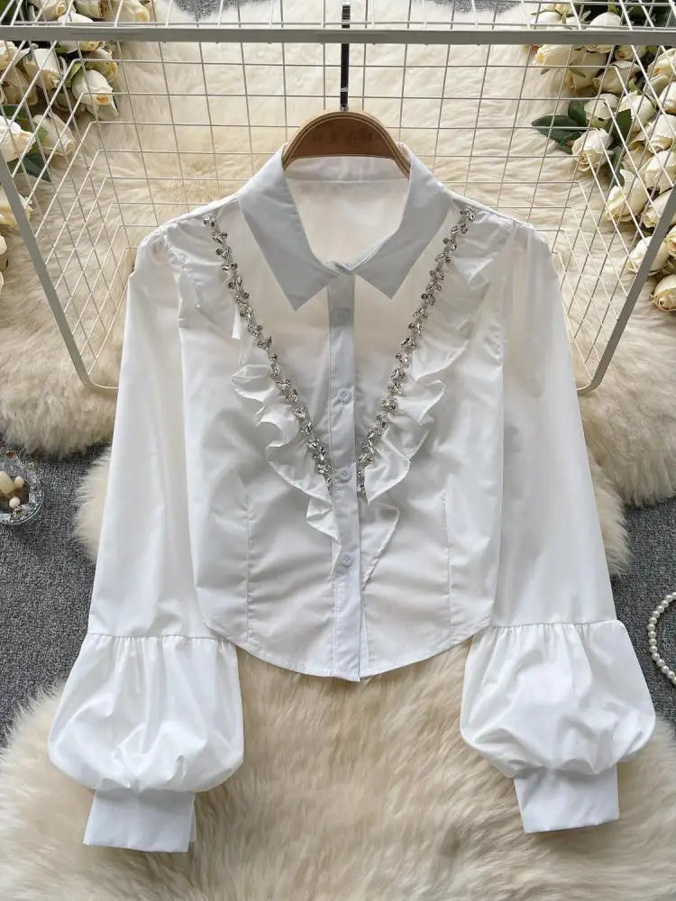 French Vintage Solid Elegant Long Sleeve Ruffle Tops Autumn Female Turn-down Collar Shirt Women Button Versatile Pleated Blouse