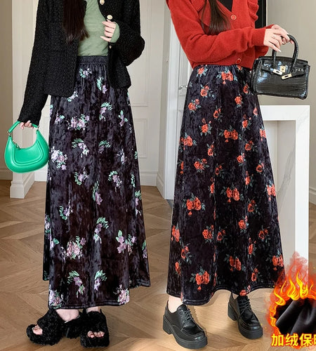 Black Red Floral Print Velvet Long Skirt Vintage Elastic High Waist Slim A-line Skirts Autumn Winter Fashion Women Bohemian Chic