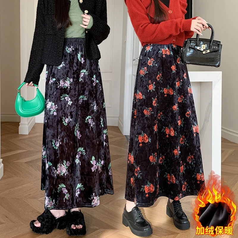 Black Red Floral Print Velvet Long Skirt Vintage Elastic High Waist Slim A-line Skirts Autumn Winter Fashion Women Bohemian Chic