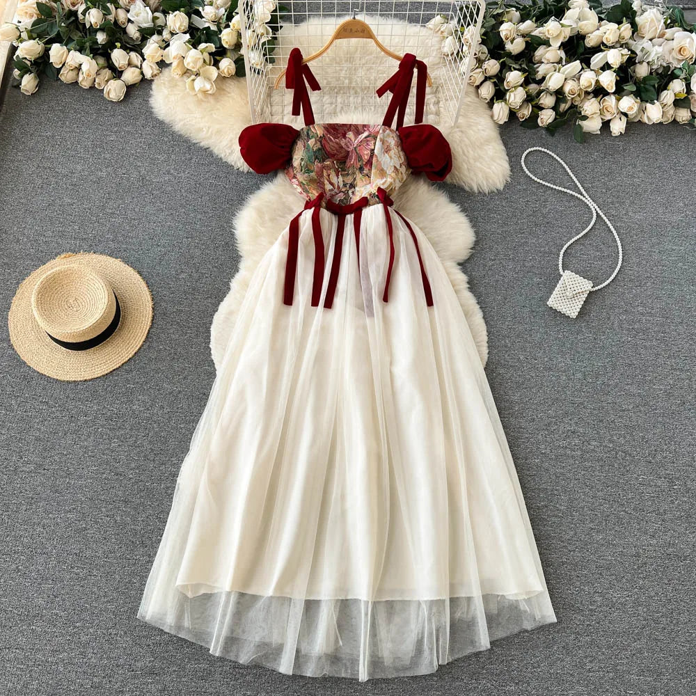 French Retro Women Beige Patchwork Mesh Embroidered Elegant High Waist Pleated Dress Summer Slim Slip Lace-up Long Dress Popular