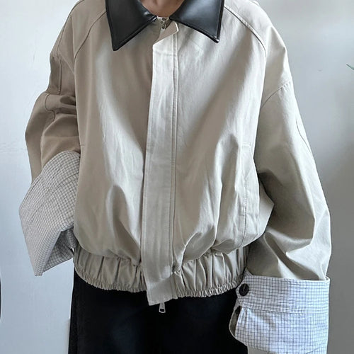 Load image into Gallery viewer, Khaki Plaid Leather Color-block Big Size Jacket New Lapel Long Sleeve Women Coat Fashion Tide Spring Autumn 2025  1DJ0976
