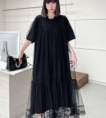Women Black Mesh Spliced  Elegant Big Size Midi Dress New Round Neck Short Sleeve Fashion Tide Spring Summer 2025 1DH5056