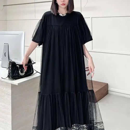 Load image into Gallery viewer, Women Black Mesh Spliced  Elegant Big Size Midi Dress New Round Neck Short Sleeve Fashion Tide Spring Summer 2025 1DH5056
