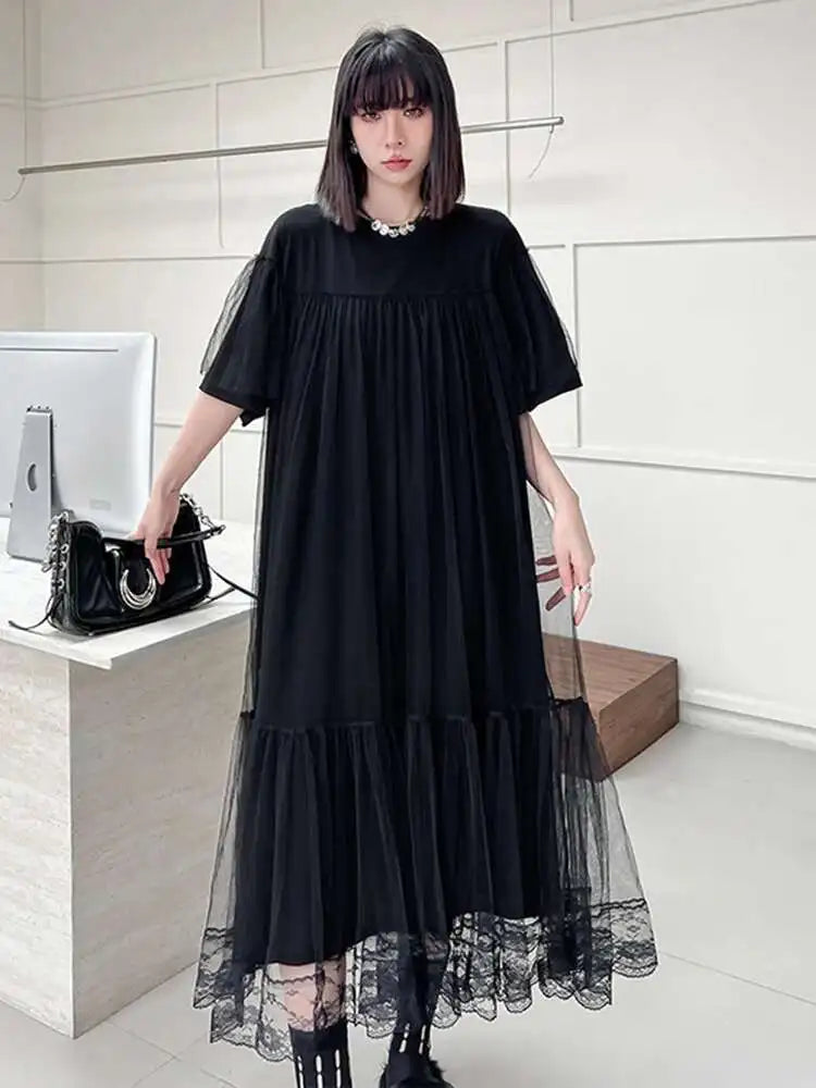 Women Black Mesh Spliced  Elegant Big Size Midi Dress New Round Neck Short Sleeve Fashion Tide Spring Summer 2025 1DH5056