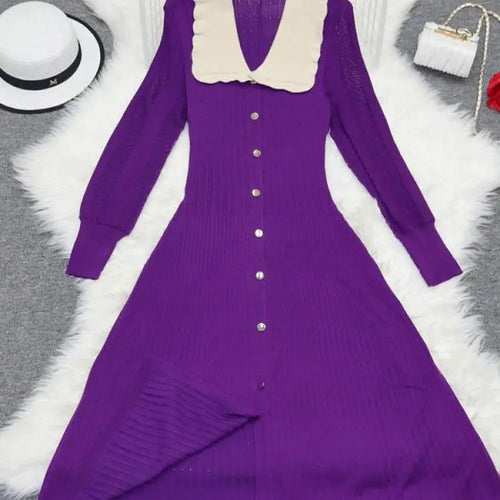 Load image into Gallery viewer, Vintage Autumn 2024 New Women's Patchwork Single Breasted Knit Dresses French Elegant Festival Slim Long Sleeve Dress Streetwear
