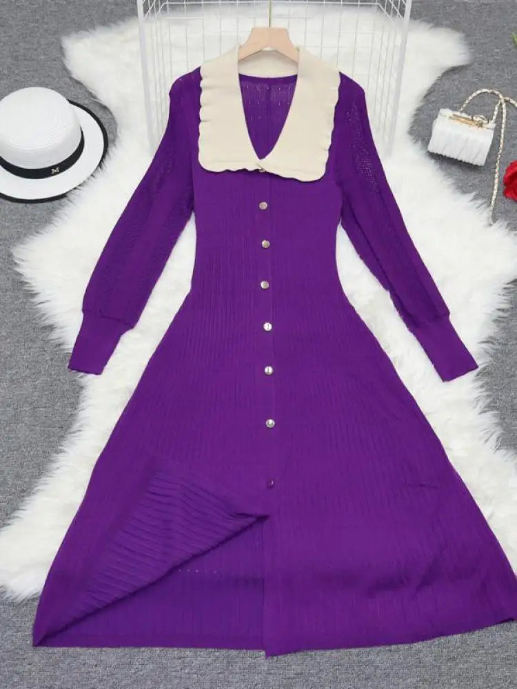 Vintage Autumn 2024 New Women's Patchwork Single Breasted Knit Dresses French Elegant Festival Slim Long Sleeve Dress Streetwear