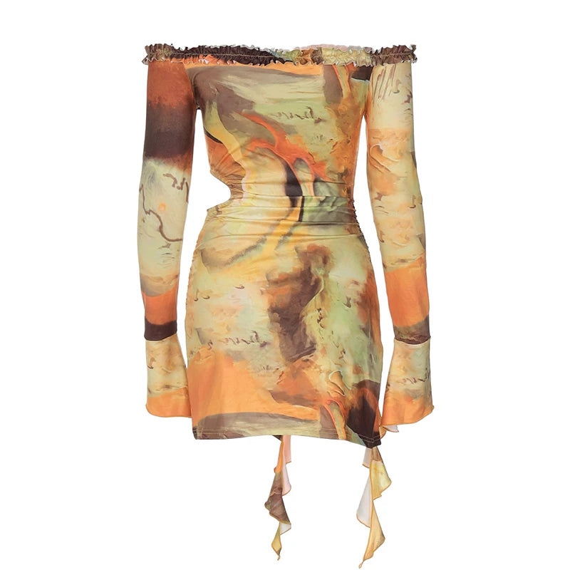 Hollow Out Print Sexy Mini Dress For Women Autumn New Off-shoulder Long Sleeve Bodycon Ruffled Slit Sexy Dress New