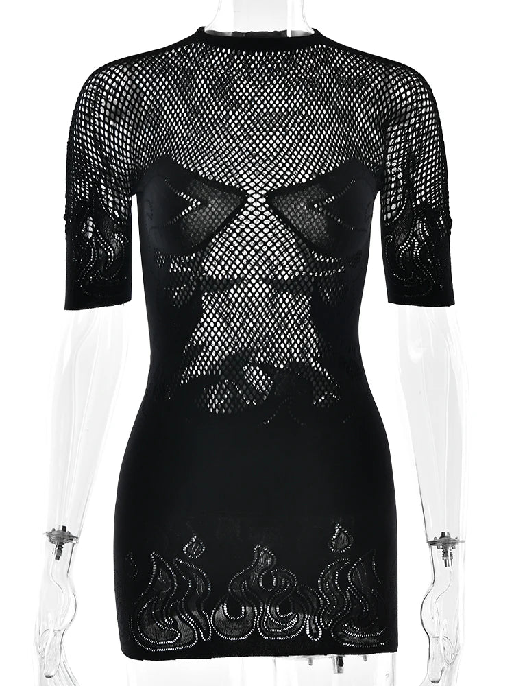 Basics Solid Color Sheer Mini Dress For Women Fashion Round Neck Short Sleeve High Stretch Bodycon Dresses Sexy Party