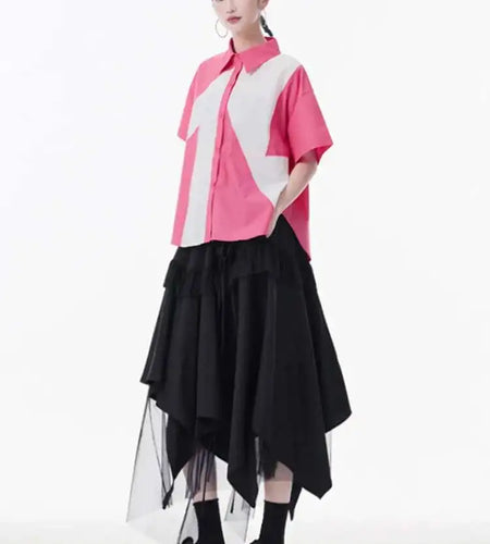 Women Green Color-block Big Size Casual Blouse New Lapel Short Sleeve Shirt Fashion Tide Spring Summer 2025 1DH9999