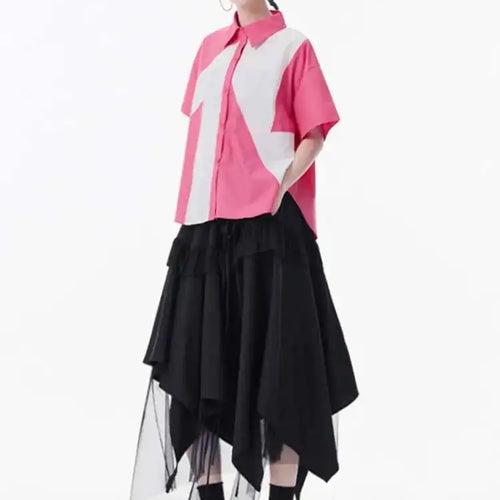 Load image into Gallery viewer, Women Green Color-block Big Size Casual Blouse New Lapel Short Sleeve Shirt Fashion Tide Spring Summer 2025 1DH9999
