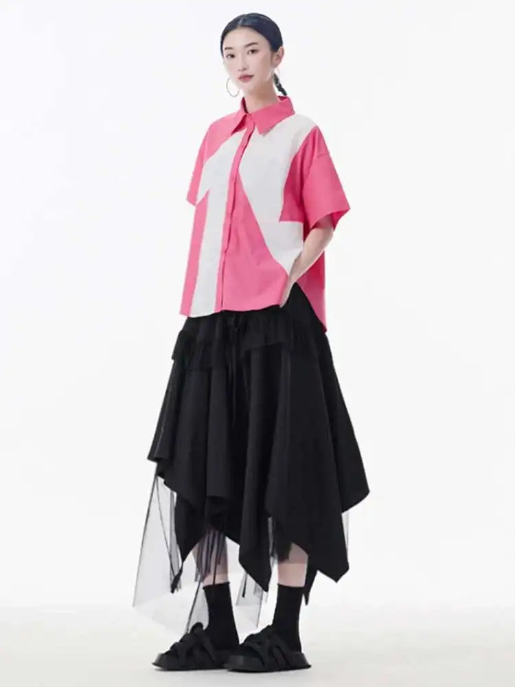 Women Green Color-block Big Size Casual Blouse New Lapel Short Sleeve Shirt Fashion Tide Spring Summer 2025 1DH9999