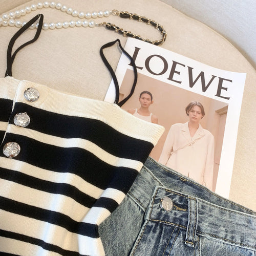 Load image into Gallery viewer, Retro Women Black White Striped Knit Crochet Top Summer Sexy Pink Patchwork Backless Single Breasted Short Spaghetti Strap Tops
