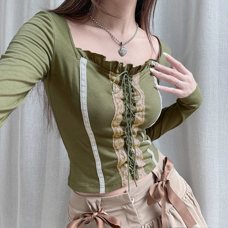 Vintage Green Lace Spliced Bodycon Women Tee Shirts Cute Y2K Outfits Tie Up Ruffles Fairycore Autumn T shirt Top Slim