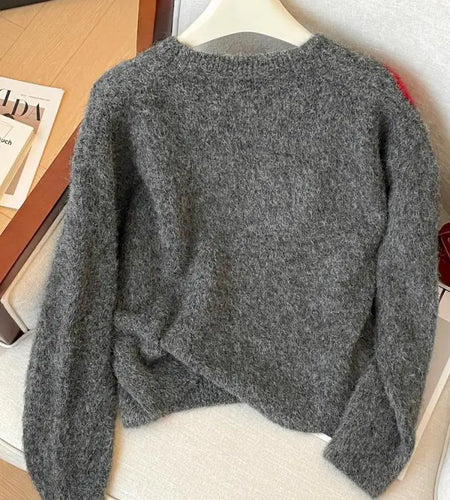 Autumn Winter Grey Patchwork Diamond Elegant Short Knitted Sweater Korean Women's Round Neck Long Sleeved Festival Pullover Tops